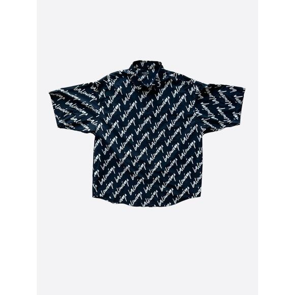 Balenciaga Navy & White Script Logo Button Up Shirt